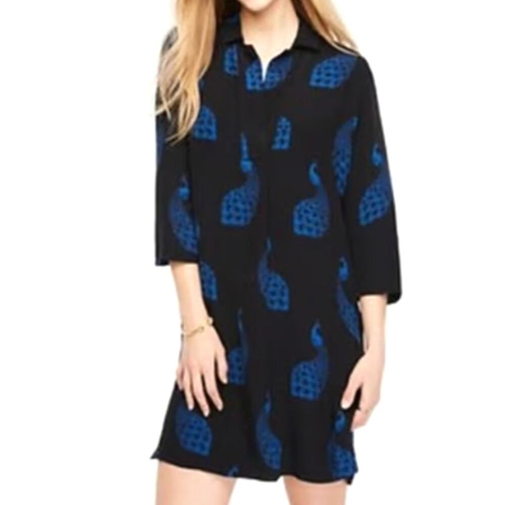 Ann Taylor Peacock Print Shift Dress Women's Medium Blue Black 3/4 Sleeve V-Neck